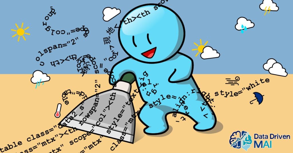 Comical illustration of figure scraping weather data